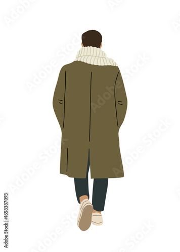 Man in olive-green overcoat, cream scarf, and white sneakers walking away back view. Minimal Flat vector illustration isolated on transparent background