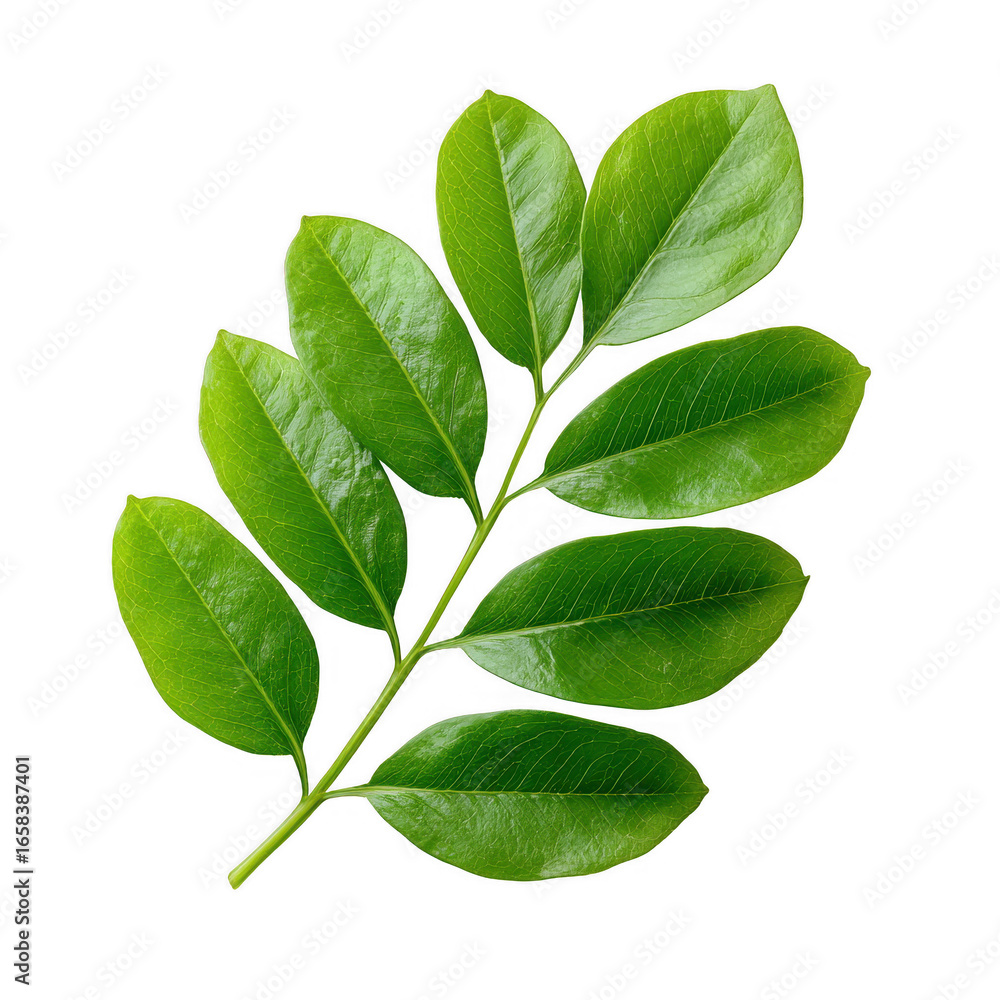 Fototapeta premium A vibrant green leaf branch featuring smooth, oval leaves. Perfectly arranged for a fresh, natural look on a white isolated background.