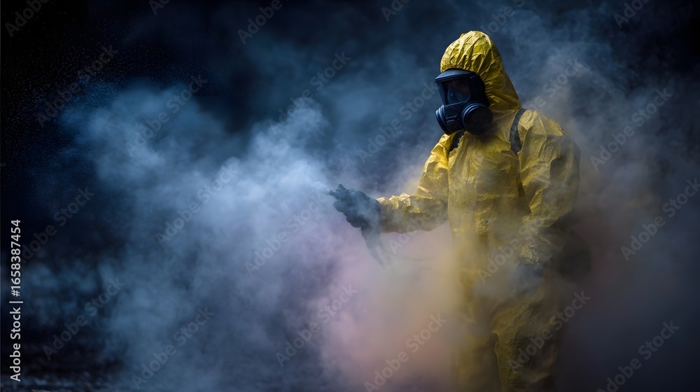 Obraz premium Hazmat worker spraying decontamination in emergency situation