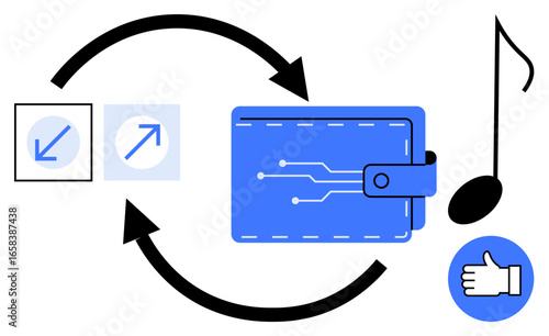 Digital wallet surrounded by arrows, music note, thumbs up, and resize icons. Ideal for finance, technology, payment, music streaming, user interaction transaction systems simple landing page