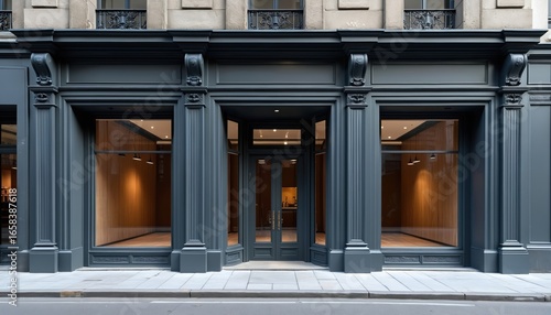 Elegant storefront facade featuring dark gray architectural details, large display windows. Vacant commercial space offers classic yet modern design with glass doors, clean lines, perfect for upscale