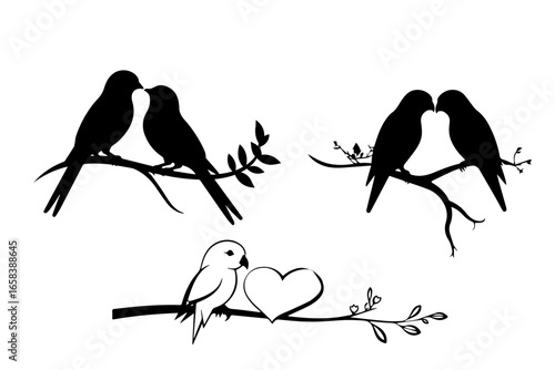 Romantic Birds on Tree Branches with Heart Shapes Silhouette Pack - Love Birds and Nature Wedding Design Elements
