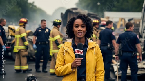 Female Reporter in Yellow Raincoat at Accident Scene
