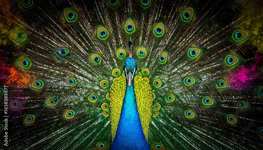 Obraz premium Majestic peacock fully displaying vibrant iridescent feathers