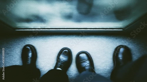 Moody view from above, two pairs of black leather shoes stand near a window. Abstract, textured background