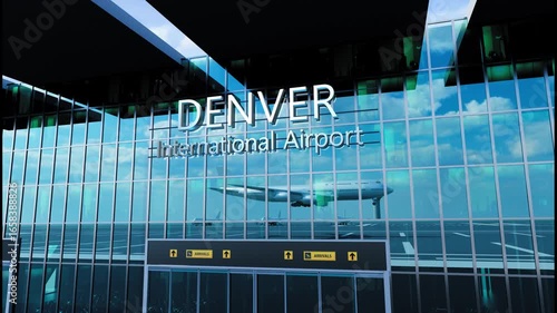 Airlane landing at Denver, USA. Arrival in the city with reflection of airport and aircraft