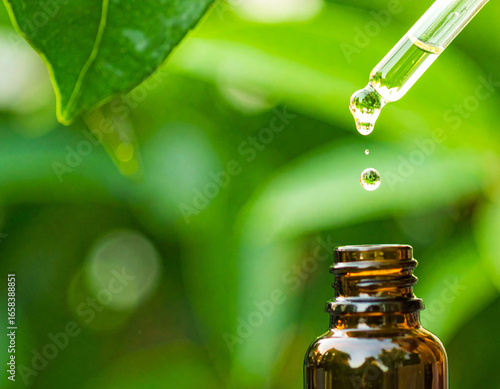 Natural Essence: Dropper with Liquid Above Amber Bottle, Greenery Backdrop