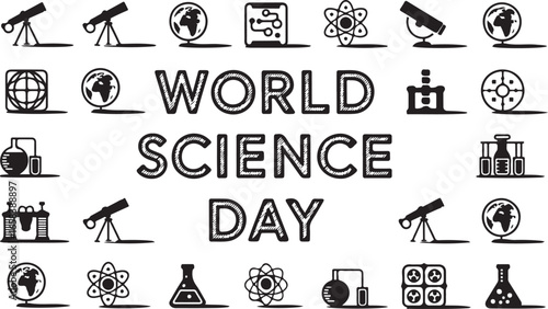 World Science Day Typography with Science Icons on Transparent Background Vector