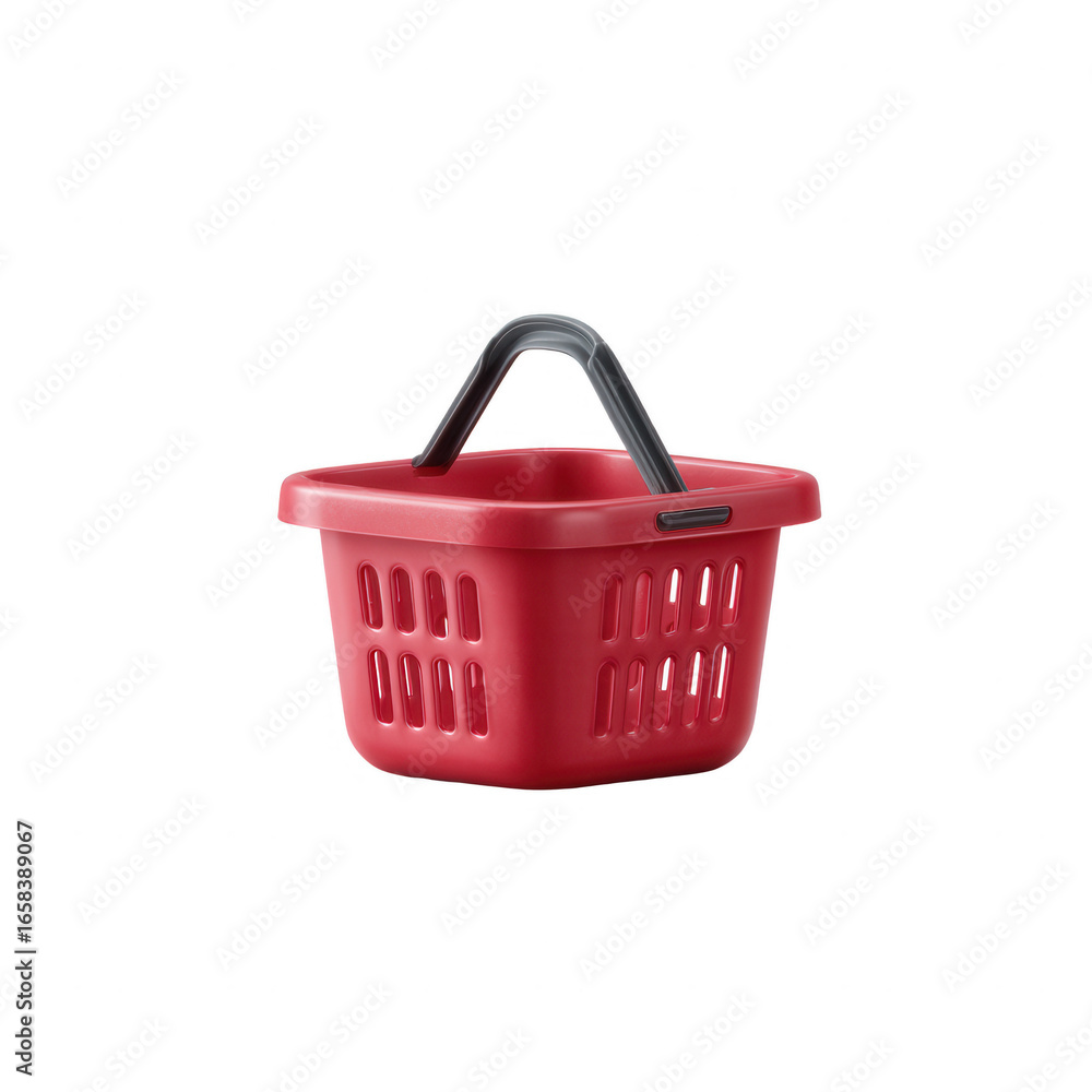 Fototapeta premium A vibrant red plastic shopping basket with a sturdy handle, isolated on a white background, perfect for grocery shopping or carrying items.
