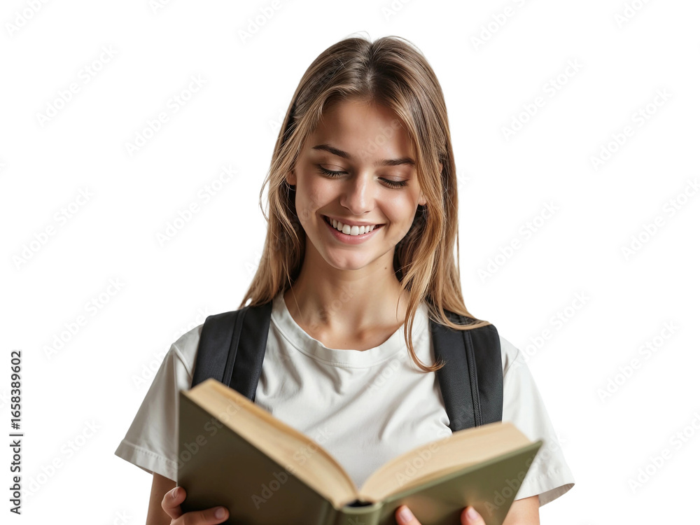Young female student holding and reading a book isolated on transparent background Young female student holding and reading a book isolated on transparent background