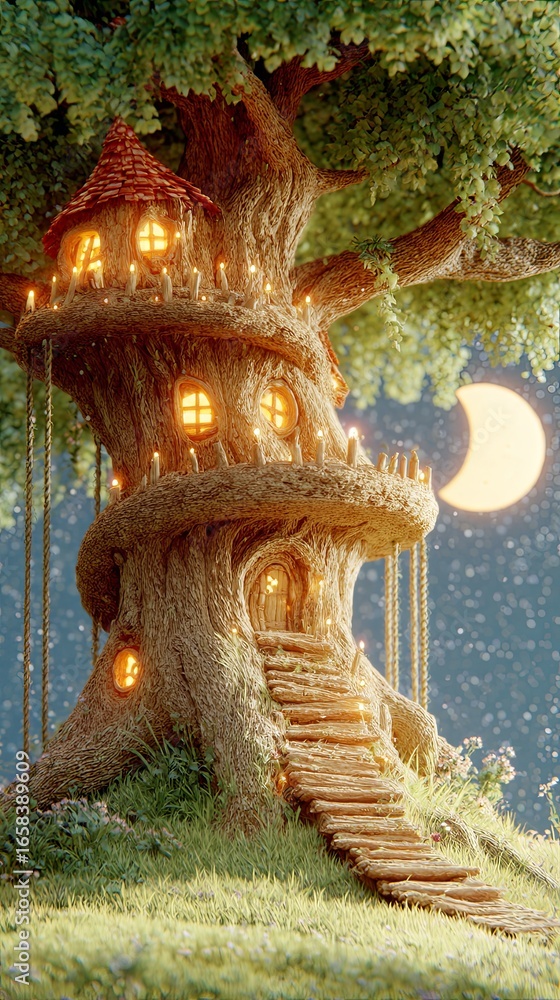 Obraz premium Fantasy treehouse at night illustration magical treehouse