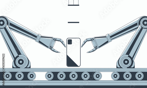 Automated assembly line with robotic arms manufacturing a modern smartphone device on a conveyor belt, symbolizing technological advancement and industrial production