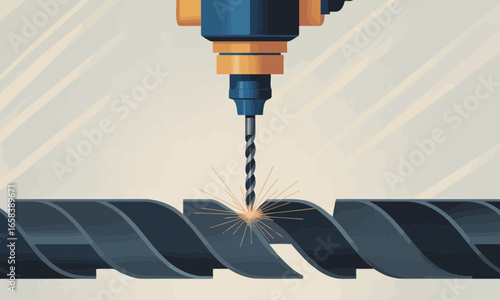 Automated drill presses a spiral metal component with sparks flying in an industrial process illustration, showcasing precision and modern manufacturing technology