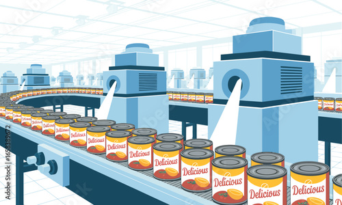 Automated food production line featuring canned goods passing through inspection machines in a factory setting illustration