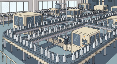 Automated bottling process in a factory with conveyor belts and machinery illustration showcasing industrial efficiency and mass production of bottles