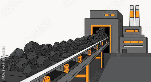 Coal industry illustration showing conveyor belt transporting coal into a factory with smoking chimneys depicting fossil fuels and environmental impact