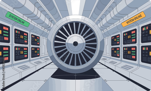 Futuristic spaceship interior with a large turbine engine and control panels displaying system status indicators providing a sense of advanced technology and engineering.
