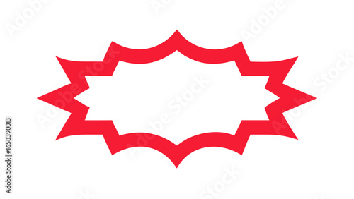 A red starburst shape with sharp points and curved indentations creating a dynamic and eye catching design