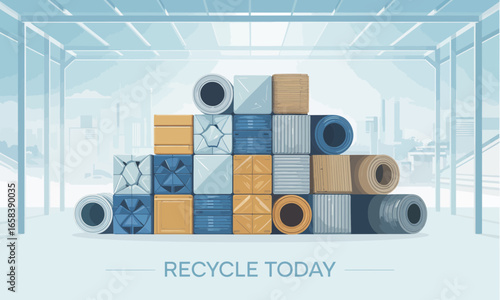 Stacked recycling materials in a warehouse promote environmental awareness and sustainable practices for a cleaner future