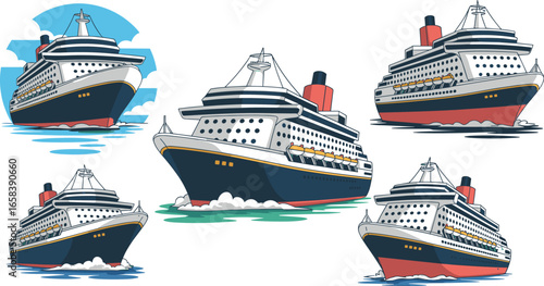 Set of Five Stylized Cruise Ship Illustrations, Ocean Liner Vector Icons, Luxury Travel, Maritime Transport, Sea Voyage Design Elements