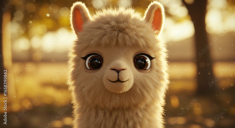 Naklejka premium Adorable, light-furred llama with big brown eyes gazing forward amid a soft, blurry natural setting