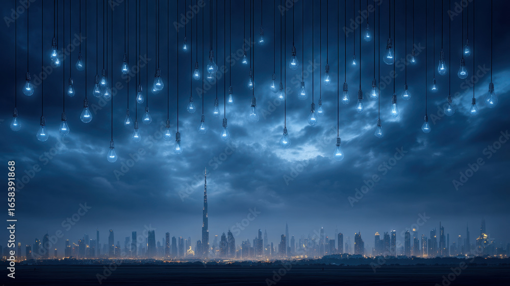 Fototapeta premium Stunning city skyline illuminated by hanging light bulbs against dramatic night sky filled with clouds. scene captures essence of urban beauty and innovation, showcasing blend of modern