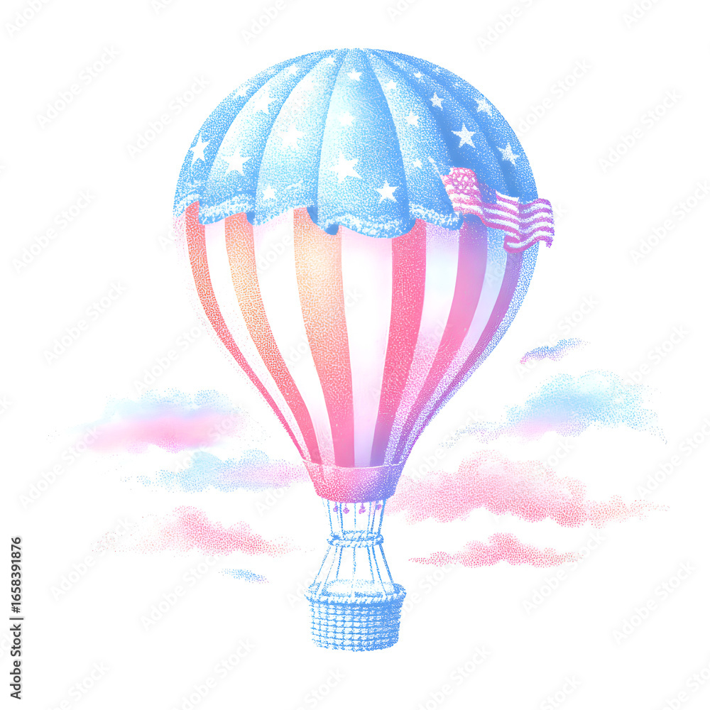 Naklejka premium Patriotic Hot Air Balloon Illustration with American Flag and Stars on White Background - Vintage Style Design