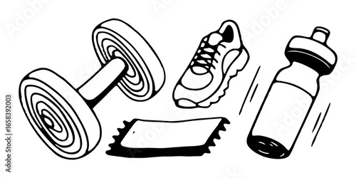 Black and white illustration of a dumbbell, shoe, mat and water bottle for fitness and exercise use