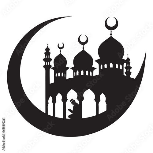 Vector art of islamic mosque with crescent moon and worshipper silhouette, isolated on white background