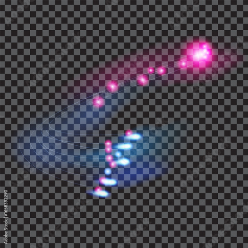 Swirling curved lines of bright pink and light blue luminous points forming elliptical pattern on transparent gray checkerboard background, abstract futuristic glowing digital illustration