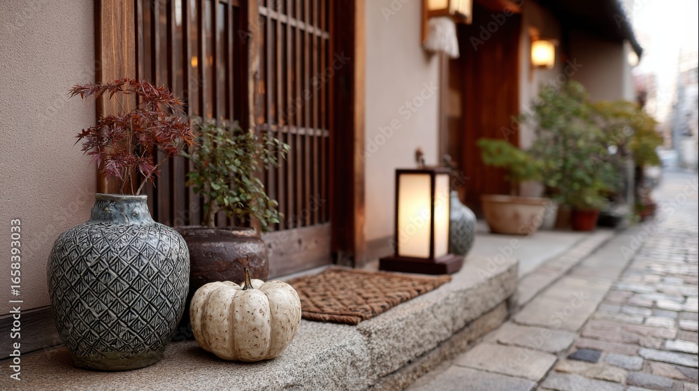 Fototapeta premium 秋の夜に訪れる和風のハロウィン、静かな通りに並ぶランタンとカボチャ