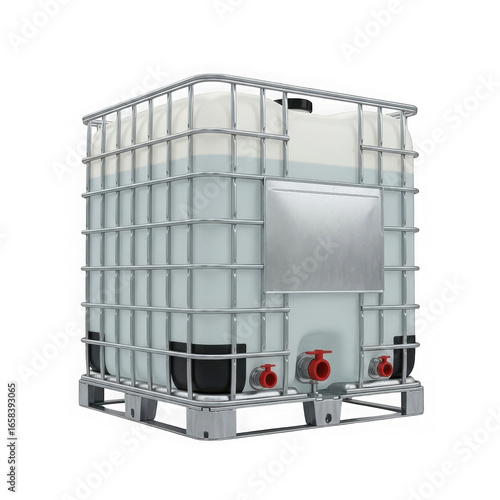 Industrial intermediate bulk container ibc with a plastic tank, metal cage, and valves, isolated on transparent background