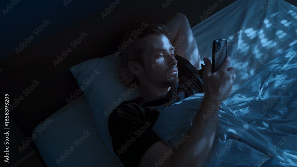 An attractive young man uses his phone late at night in bed, scrolling through his social media feed. Space for text