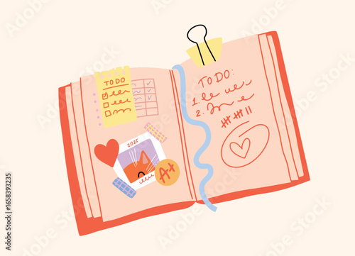 Open Notebook with handwritten To Do lists, checkmarks, photo with cat, taped decorations, heart doodles, and grade sticker. Creative school planning. Vector illustration for student journaling