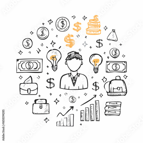 Business sketch icon money and idea set. Hand drawn sketch elements for team, goal, startup and success.