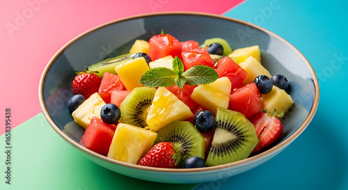 A vibrant fruit salad with a blue bowl, colorful fruits, and a mint leaf garnish on a colorful background.