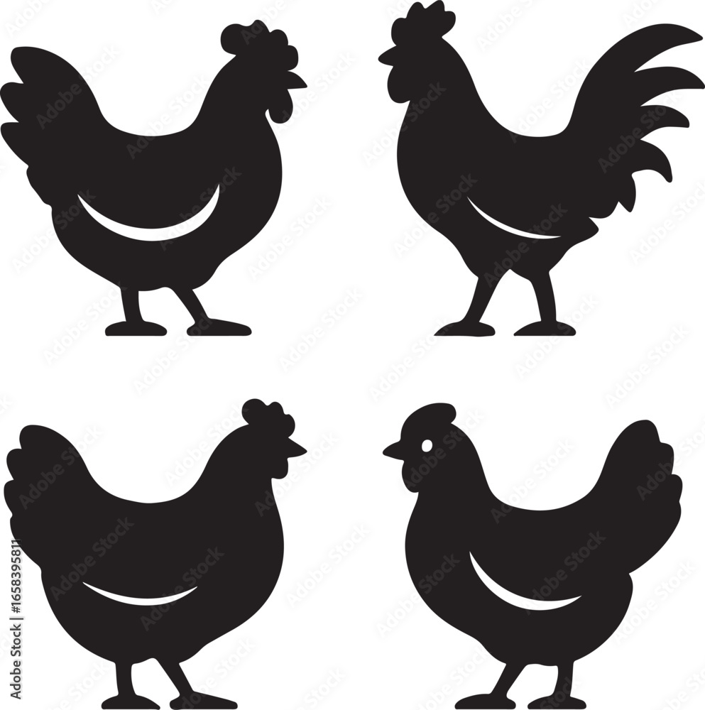 Fototapeta premium Chicken breed silhouette collection vector icon set, farm poultry livestock variety symbol, editable EPS design.