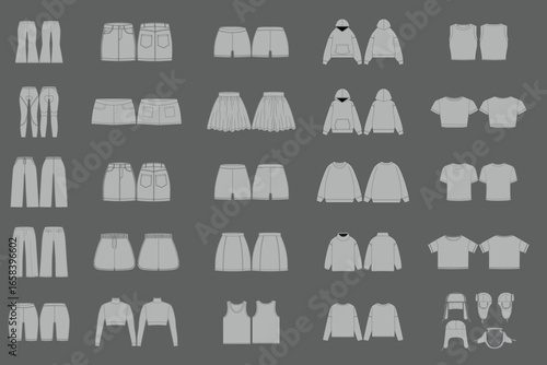 Vector Apparel Mockup Bundle Streetwear | T-shirt Hoodie Trucker Jacket Joggers Short Sleeve Sweater Pant Hat Beanie Tee Work Jacket Shorts Outfit Clothing Tech Pack