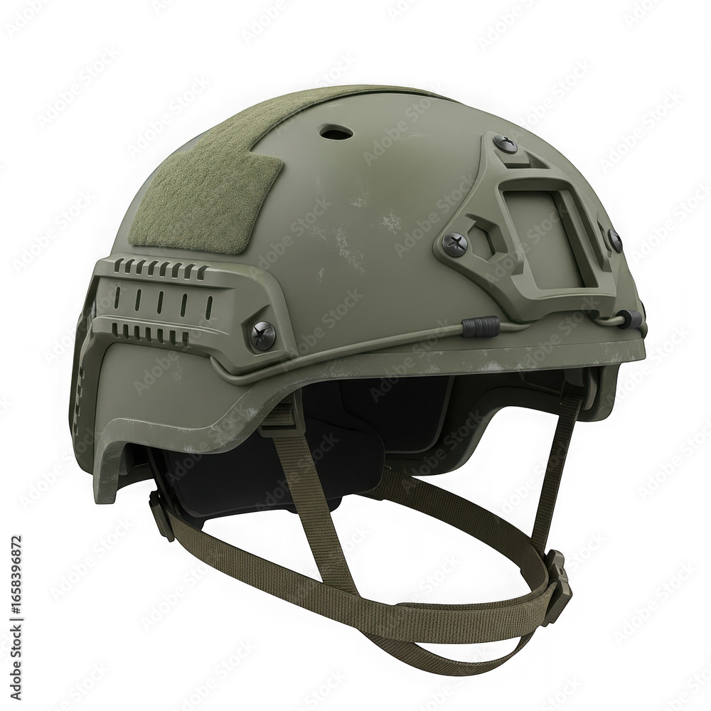 Fototapeta premium Olive green tactical military helmet with straps and accessories, isolated on transparent background