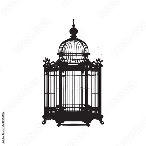 Vector art of ornate vintage birdcage silhouette, isolated on a white background