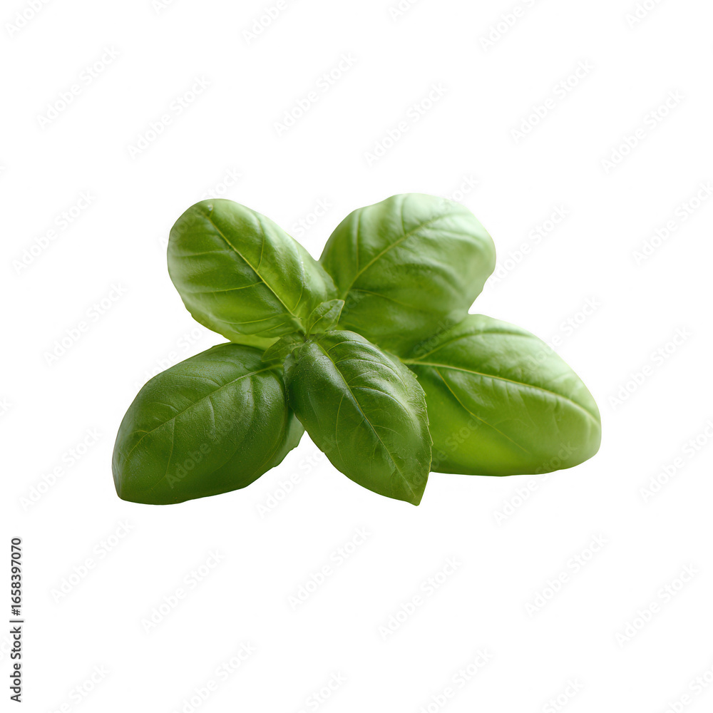 Fototapeta premium Fresh green basil leaves arranged on a white isolate background, highlighting their vibrant color and smooth texture, perfect for culinary and herbal themes.