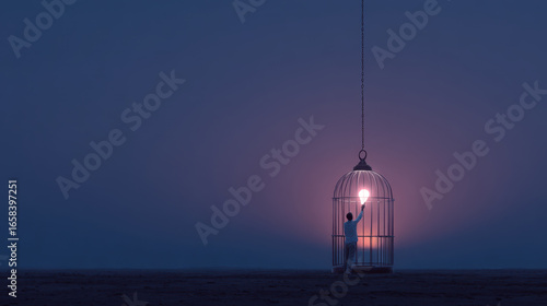 Person stands inside large birdcage, holding glowing light source, symbolizing hope and freedom. scene is set against twilight background, creating serene yet thought provoking atmosphere