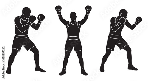 Boxer Silhouette Vector Set  Boxing Fighter Poses, Sports Training Illustration