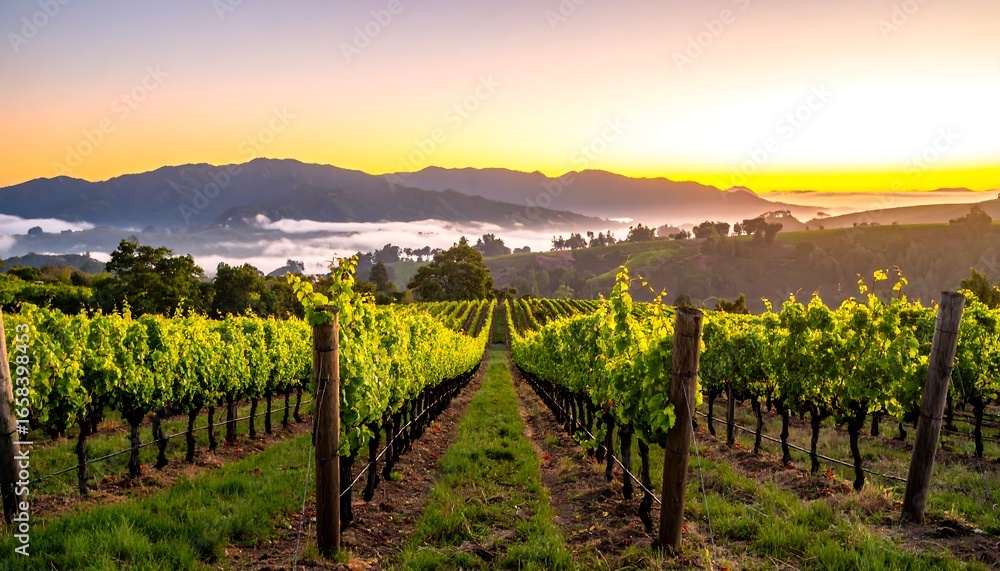 Fototapeta premium Vineyard row at sunrise
