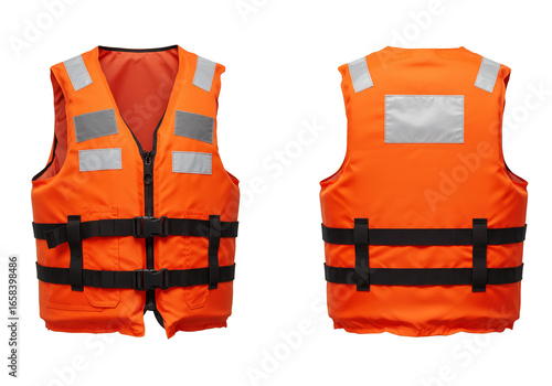 Isolated image showcasing the front and back views of an orange life jacket with reflective tape and black straps