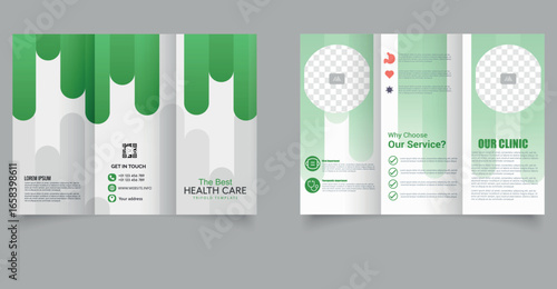 Medical Trifold Brochure Template with Green Design. Perfect for hospitals, clinics, pharmacies, wellness centers, or any healthcare-related business promotion.