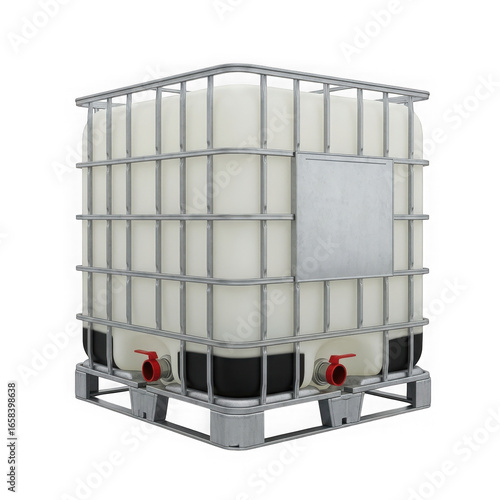 Industrial intermediate bulk container ibc with metal cage and valves, isolated on transparent background