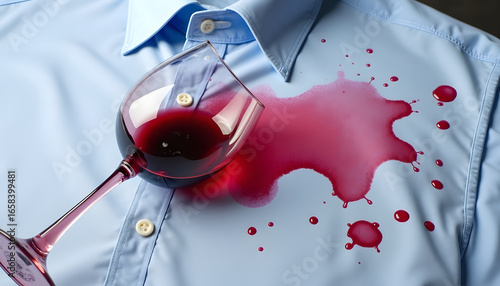 A dramatic spill of red wine stains a crisp, light blue dress shirt.