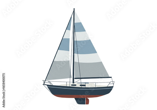 A sailboat with striped sails and a blue hull isolated on a white background in a simple illustration