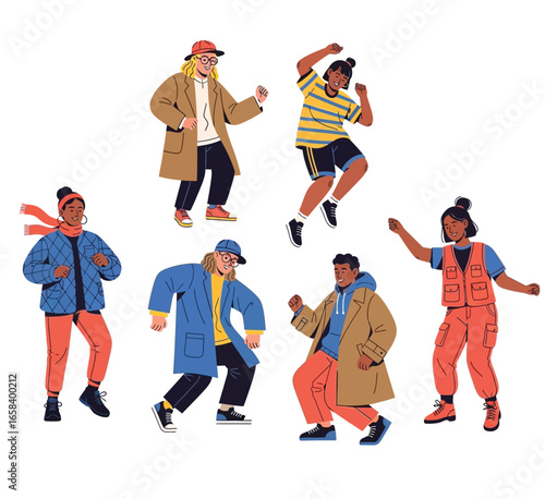 Dancing people. Trendy party cartoon crowd, modern young dancing characters, friends couples and happy persons. Vector illustrations club party dance